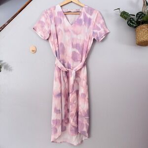 Downeast Midi Dress Cottagecore Pink Purple Tie Dye Short Sleeve High Low XS